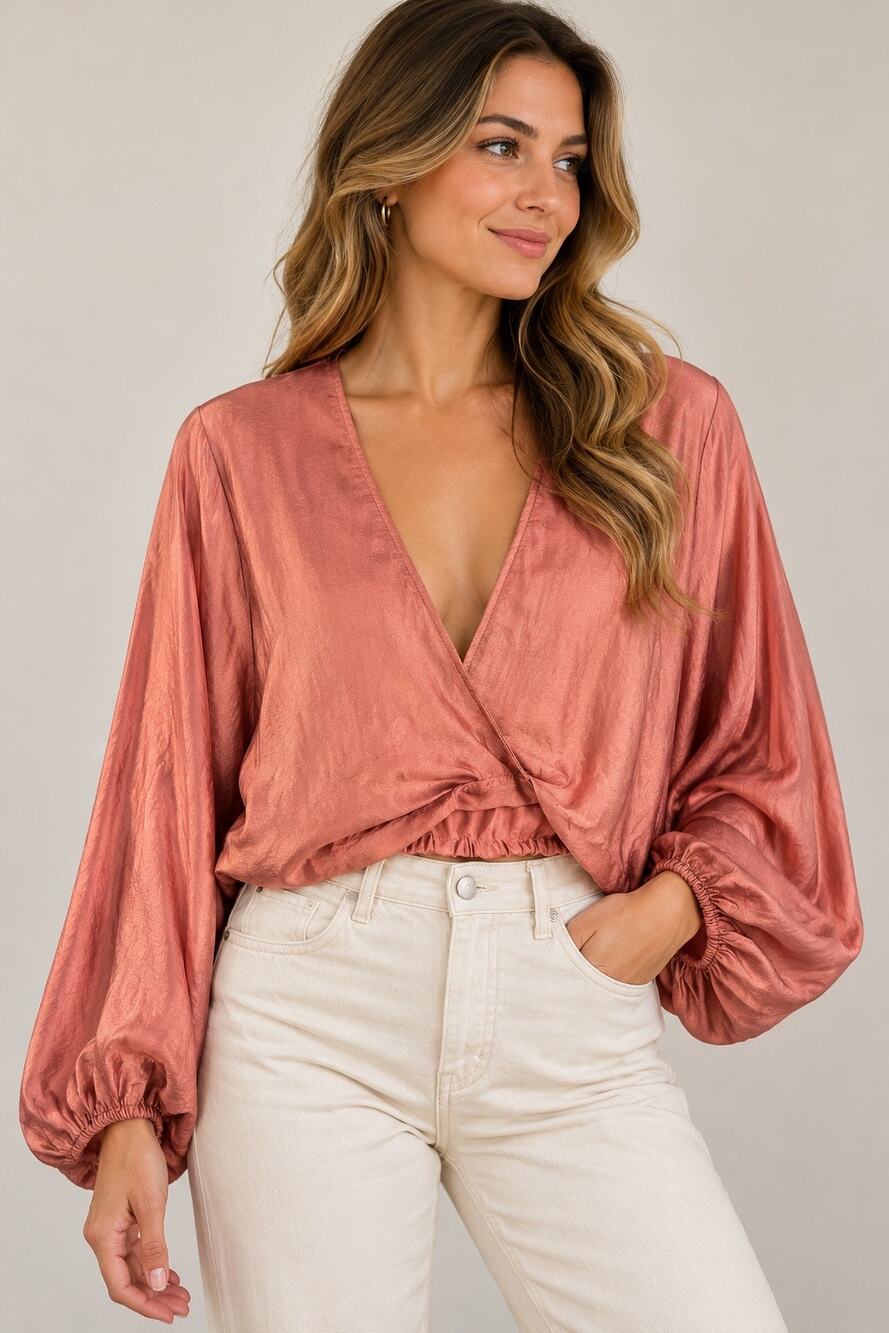 Free People Dusty Rose Satin Wrap Blouse Balloon Sleeves Cropped Boho Top Size M